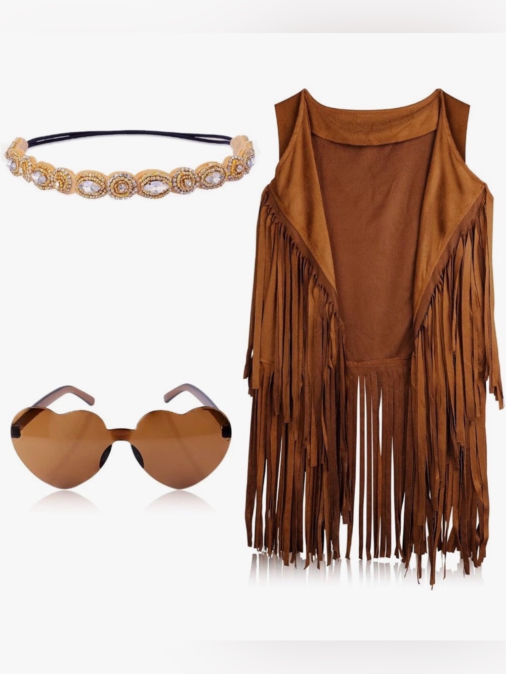 NWT Women’s Brown Hippie Festival Fringe Vest and Accessories